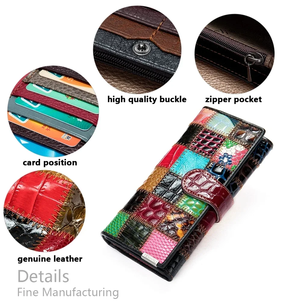 Genuine Leather Patchwork Long Wallet For Women