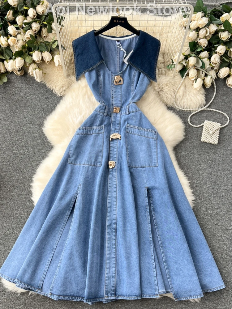 Contrast Large Lapel Denim Dress Women's 2024 Summer New