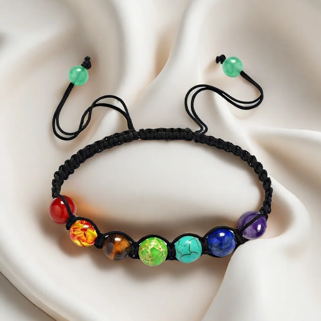 צמיד מרובע עם 7 צ'אקרות וחרוזים לנשים וגברים, אבן עין נמר טבעית, מיוצר בעבודת יד, מתוך חוטים מצופים, מתאים ליוגה, איזון ומדיטציה