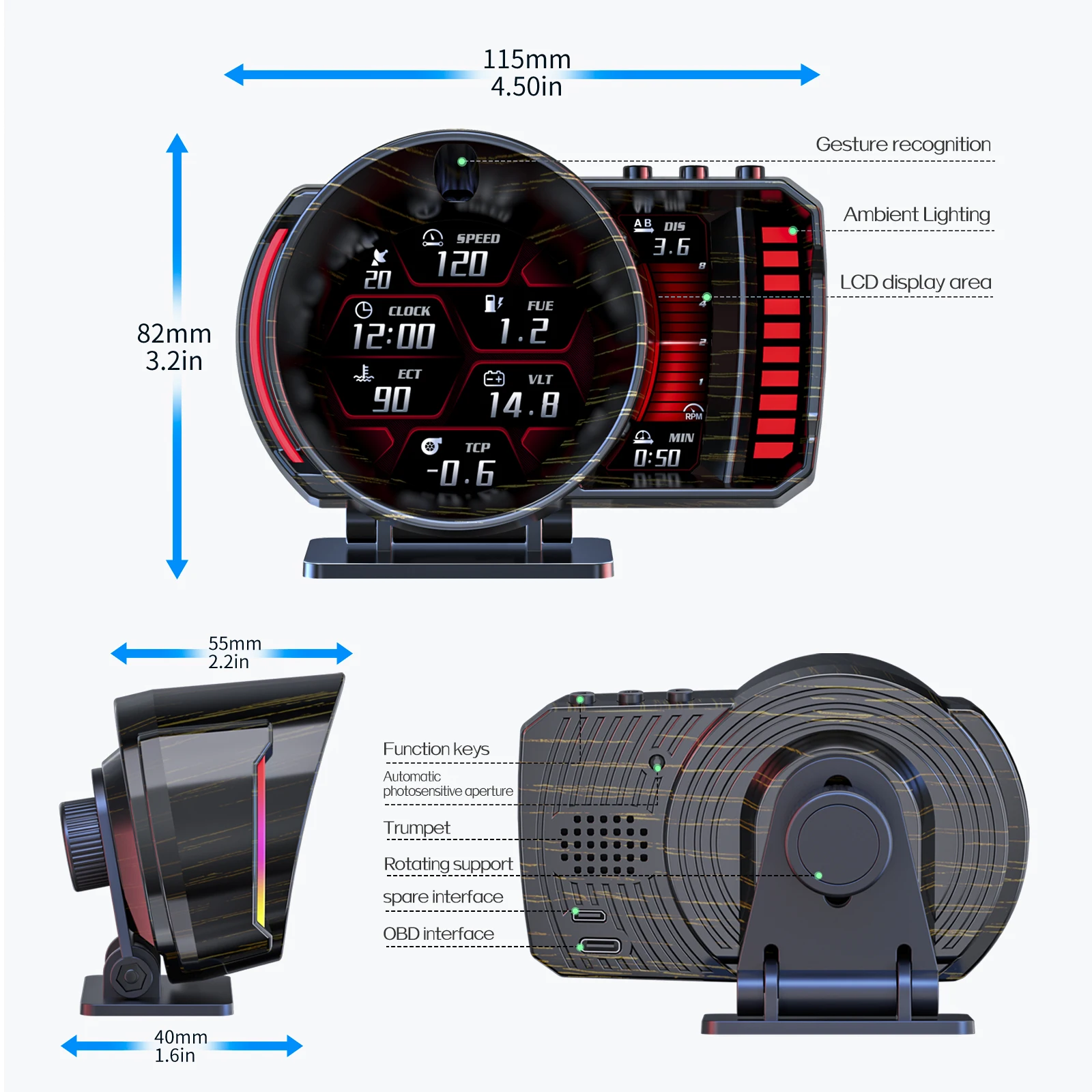 P28 수온 게이지 OBD+GPS HUD 헤드업 디스플레이 차량용 온보드 컴퓨터 디지털 RPM 전압 속도계 과속 경보