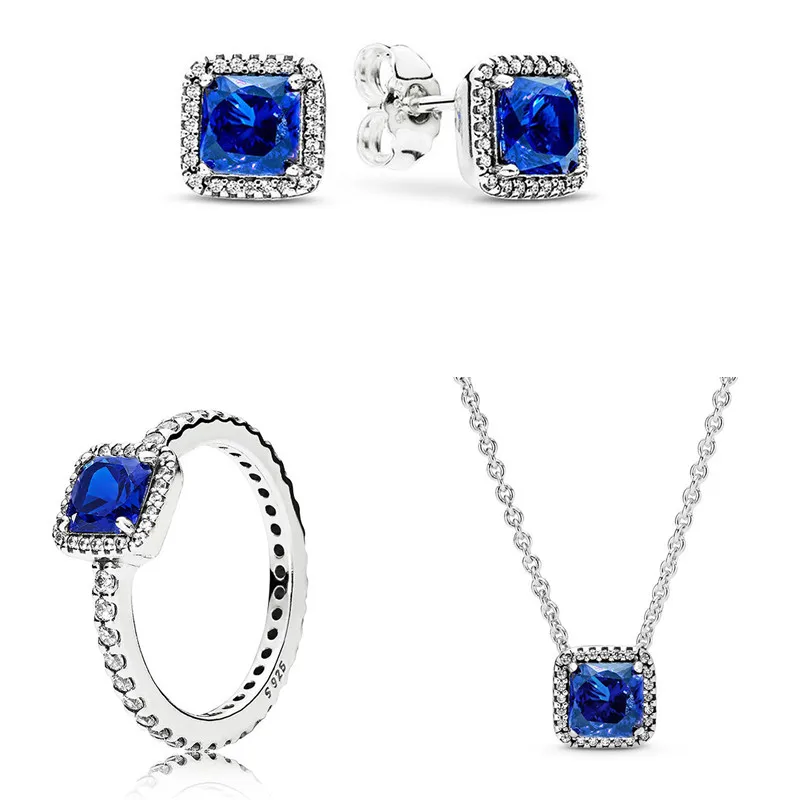 

Original 925 Sterling Silver Classic Timeless Elegance Necklace Earring Ring With Blue Crystal For Women Europe Fashion Jewelry
