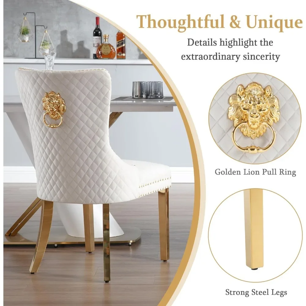 Dining Room Chairs Set of 2,Tufted Upholstered Back Lion Pull Ring, Elegant Rhomboid Pattern Nail Head Trim, Armless Chairs 3