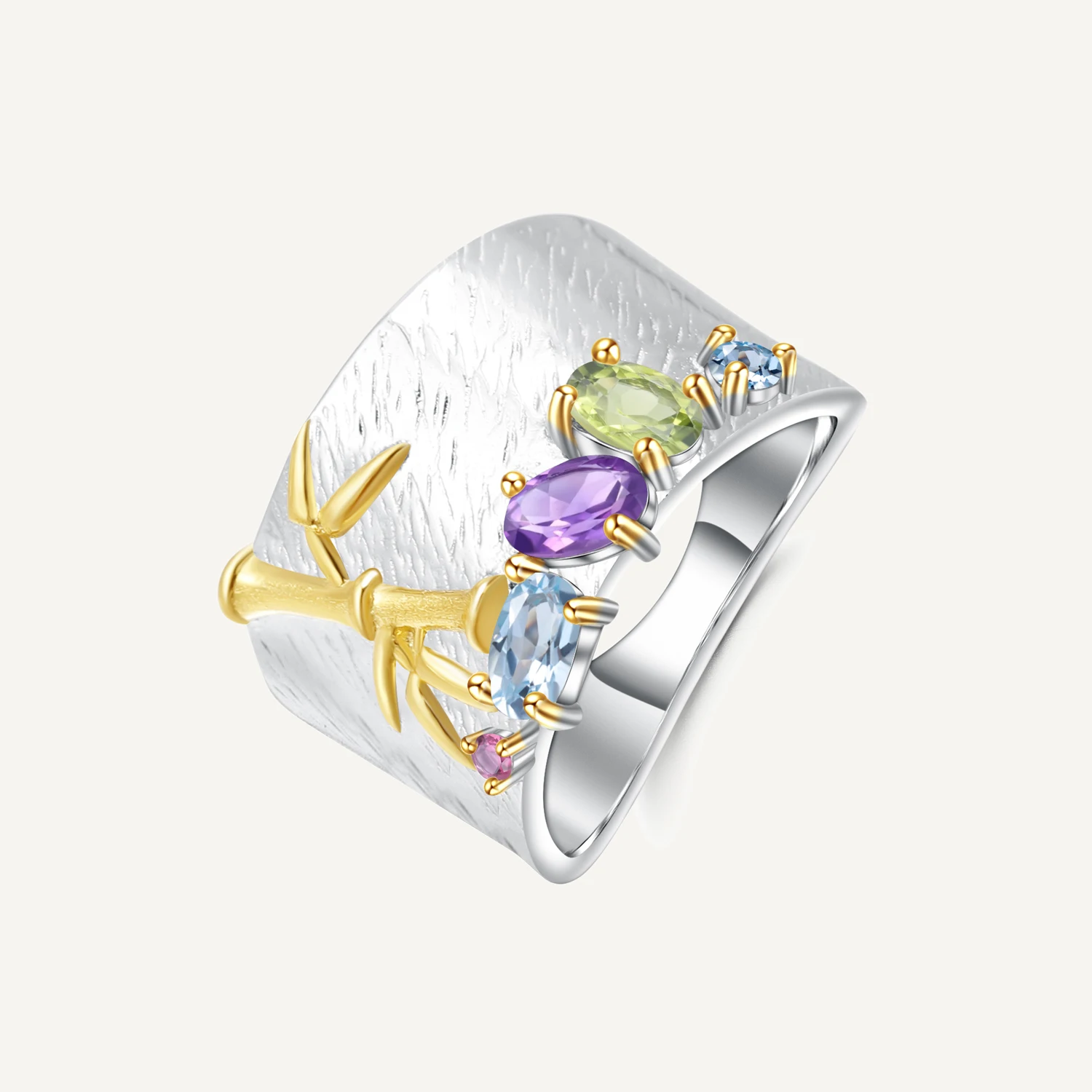 

GEM'S BALLET Natural Topaz Amethyst Peridot Ring Real 925 Sterling Silver Handmade Bamboo Finger Rings for Women Fine Jewelry