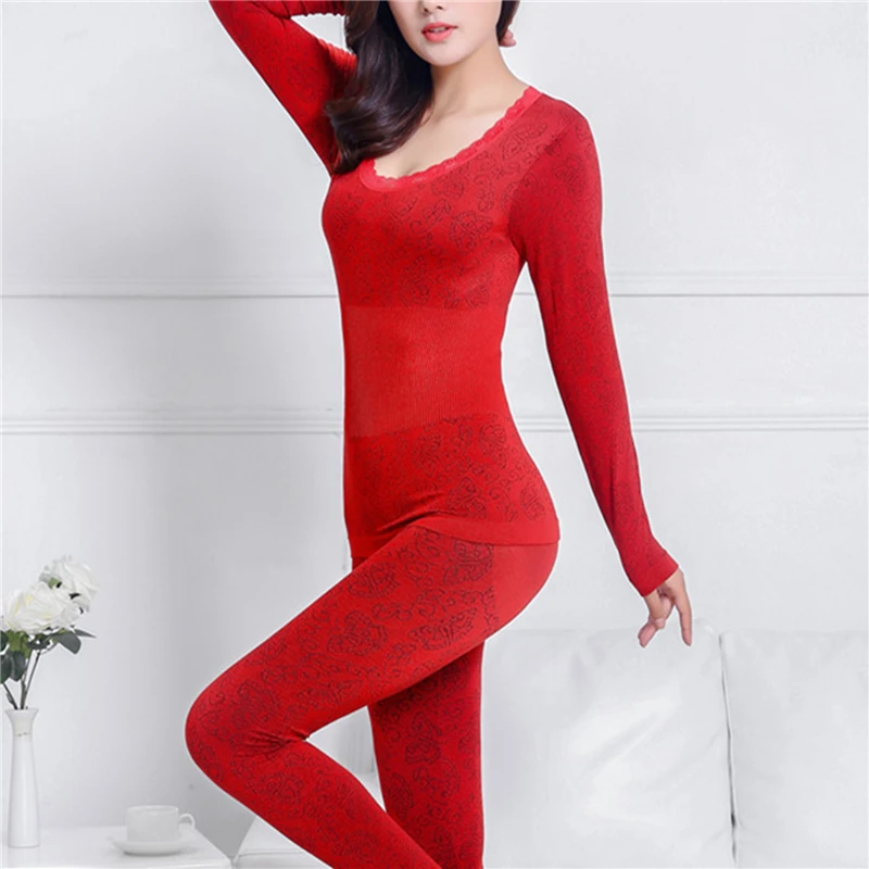Lace Thermal Underwear Sexy Ladies Clothes Winter Seamless Antibacterial Warm Intimates Print Long Women Shaped Sets