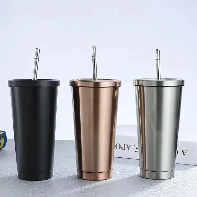 New Stainless Steel Straw Cup Large Capacity Office Coffee Cup Portable Home Cooling Insulation Cups Covered Travel Car Cups