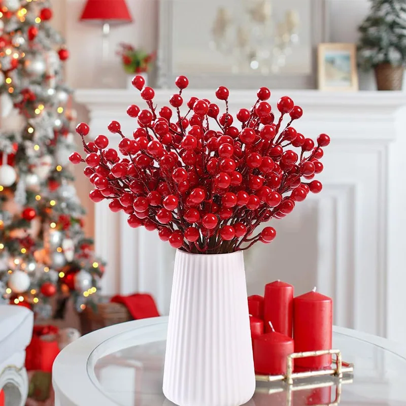 5-30pcs Artificial Red Berries Stem Christmas Red Holly Berry Stamen Fake Flowers Plants Ornament New Year Party Home Decoration