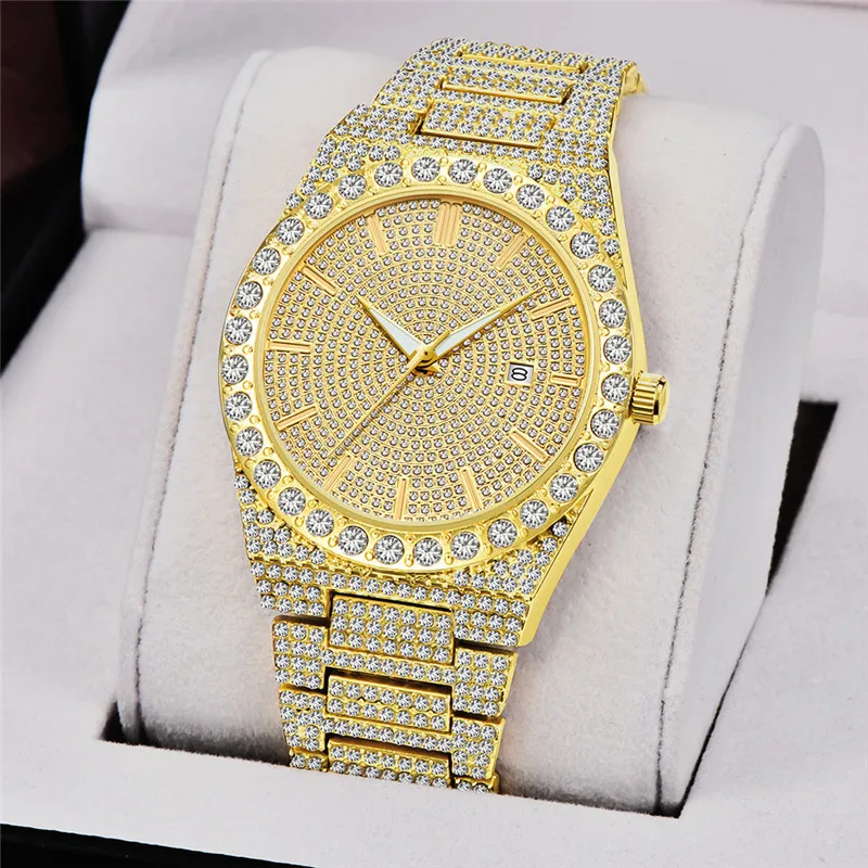 

New Hip Hop Iced Out Watches For Men Top Luxury Diamond Calendar Quartz Watch For Man Male Clock Relogio Masculino Drop Shipping