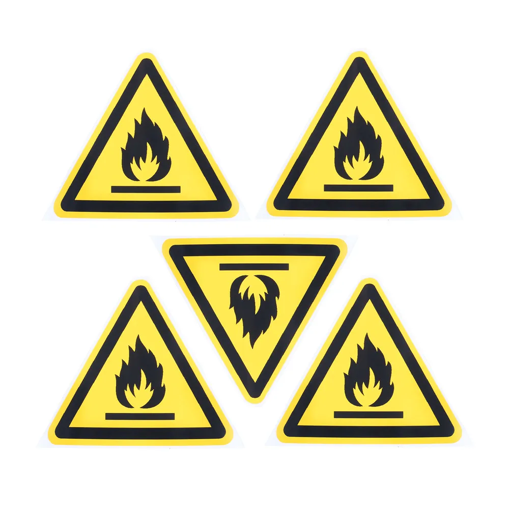 5pcs Safety Sign Sticker Flammable Pattern Dangerous Tag Oil-Proof Water-Resistant PVC Triangle Warning Label 25mm 50mm 100mm