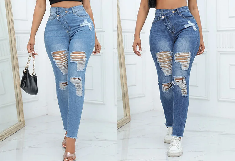 Jeans for Female Summer New Fashion Hole Sexy Double Button Placket Denim Pants