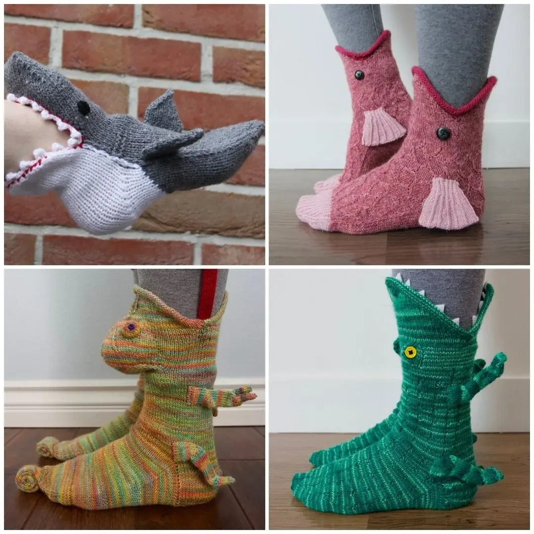 

Christmas Socks Gift Shark Fish Chameleon Crocodile Knit Cute Unisex Novelty Winter Warm Floor Sock for Men Women