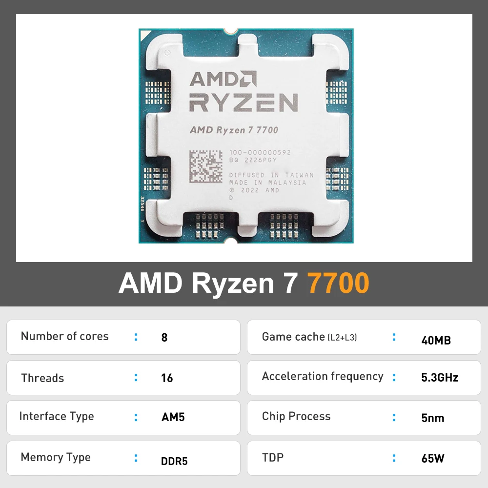 CPU Processor AMD Ryzen 7 7700 8-Core 16-Thread 5.3GHz L3=32MB 5NM DDR5 Integrated Graphics RDNA2 2CU Socket AM5 no fan