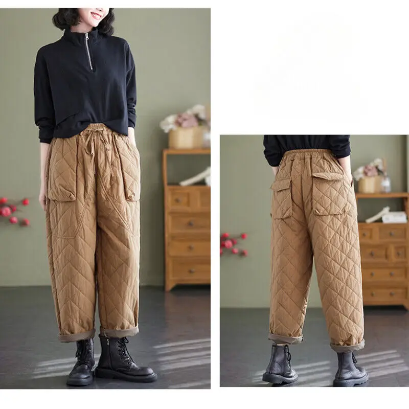 Women Winter Warm Down Cotton Pants Thick Warm Padded Quilted Trousers Elastic Waist Pantalones Casual Loose Straight Trousers
