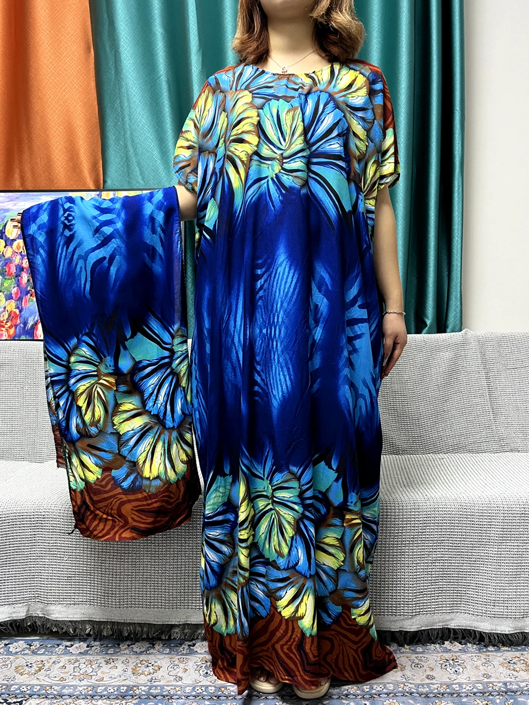 Abayas For Women Printed Flower Cotton Loose Caftan Marocain Femme Robe Muslim African Islam Nigeria Turkey Dresses With Turban