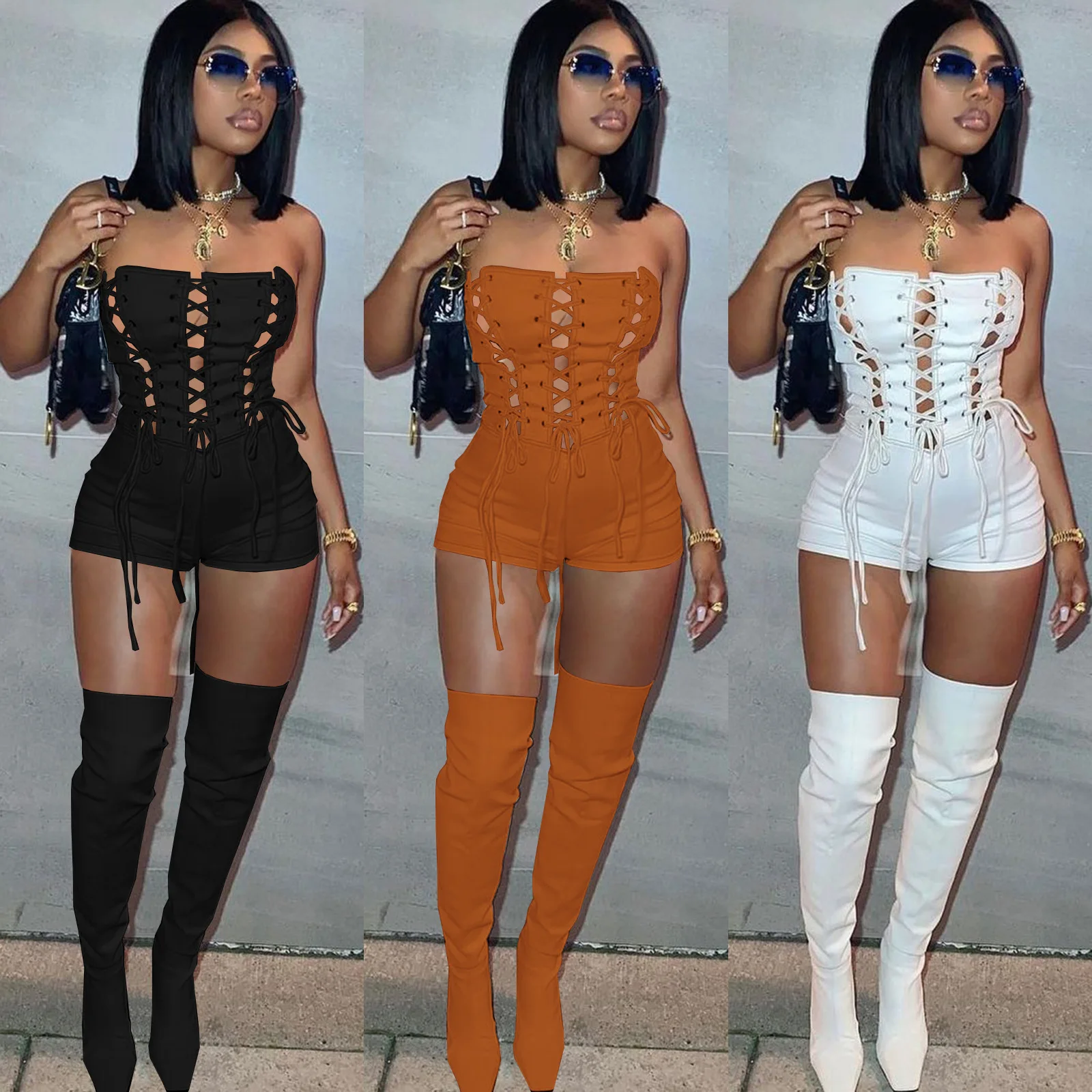 

Fitness Bandage Playsuits Solid Shorts Jumpsuits for Women 2022 Summer Sexy Strapless Rompers Casual Overalls Clubwear Outfits