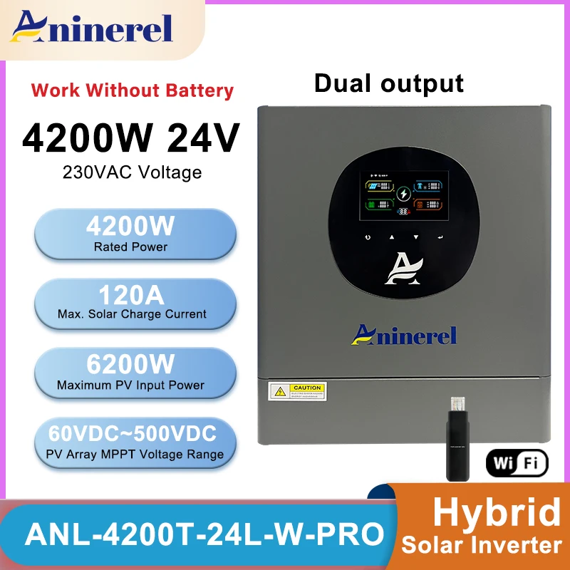 Aninerel 4200W 24V 하이브리드 태양광 인버터 듀얼 출력 컬러 LCD 디..