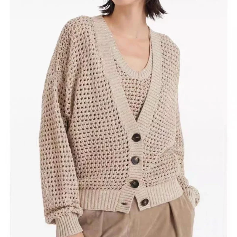 2024-early-spring-new-women-linen-hollow-long-sleeved-knitted-cardigan-button-v-neck-casual-versatile-top