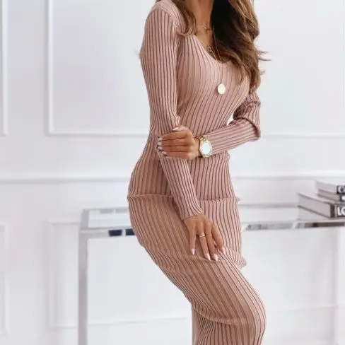 

Women's Long Sleeve V-Neck Ribbed Dress, Skinny Lady Clothes, Monochromatic, Knitted, Black, Sexy, Elegant, Spring, 2024