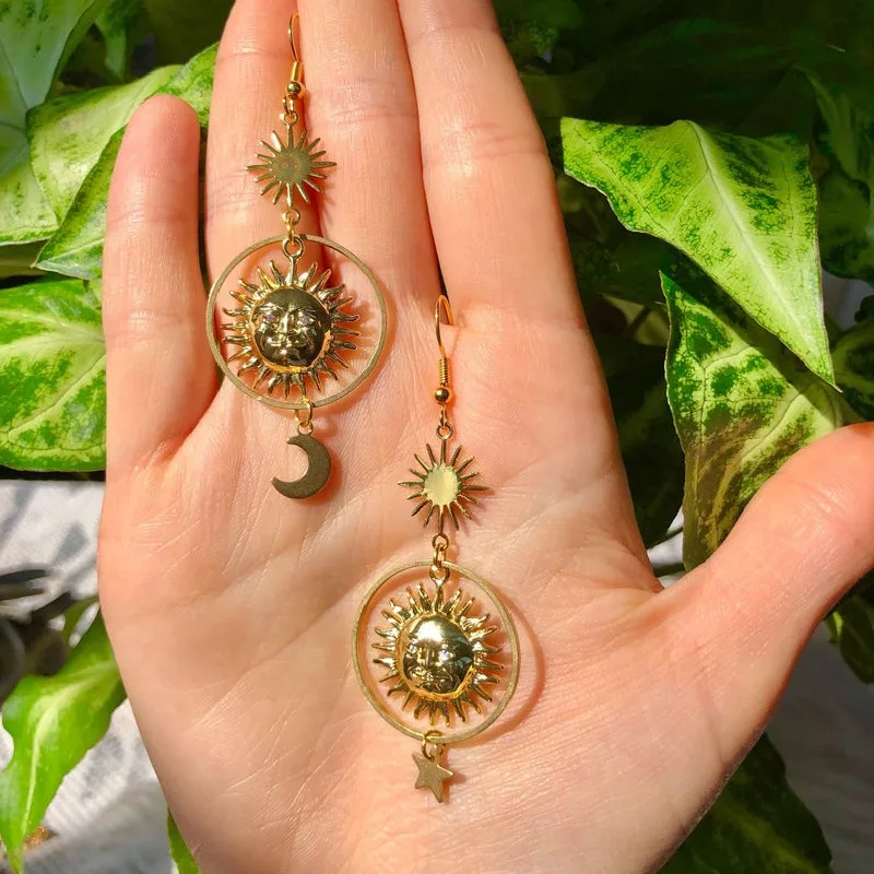 Sun And Moon Punk Earrings - Exaggerated Boho Vintage Design With Rhinestone Details For Women