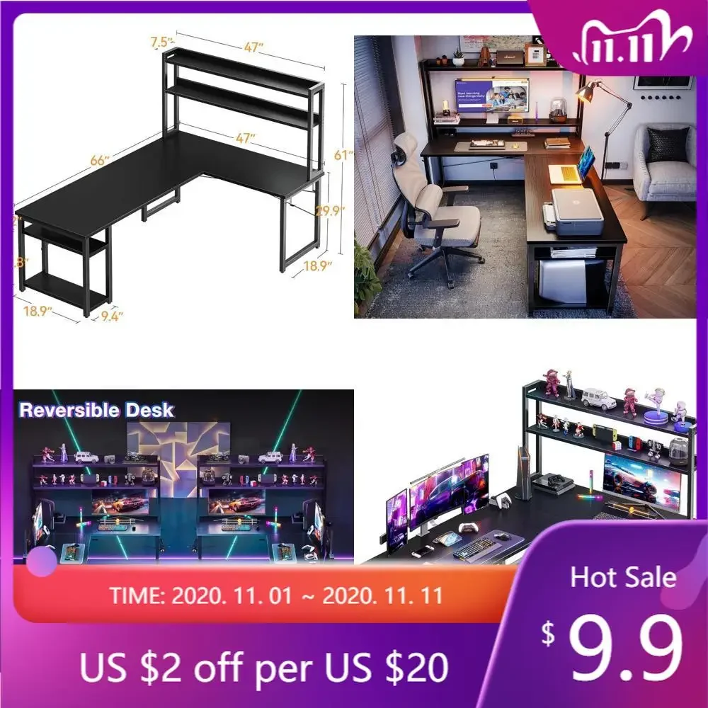 "ergonomic l-shaped desk with hutch and storage for home office, 66" corner desk with headphone stand"