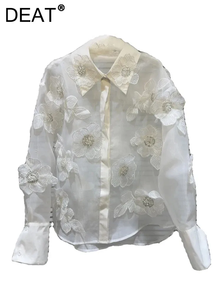 

DEAT Women's Shirt White 3d Flowers Embroidery Beading Pearls Crystal Thin Mesh Elegant Blouse 2024 Summer New Fashion 11XX8443