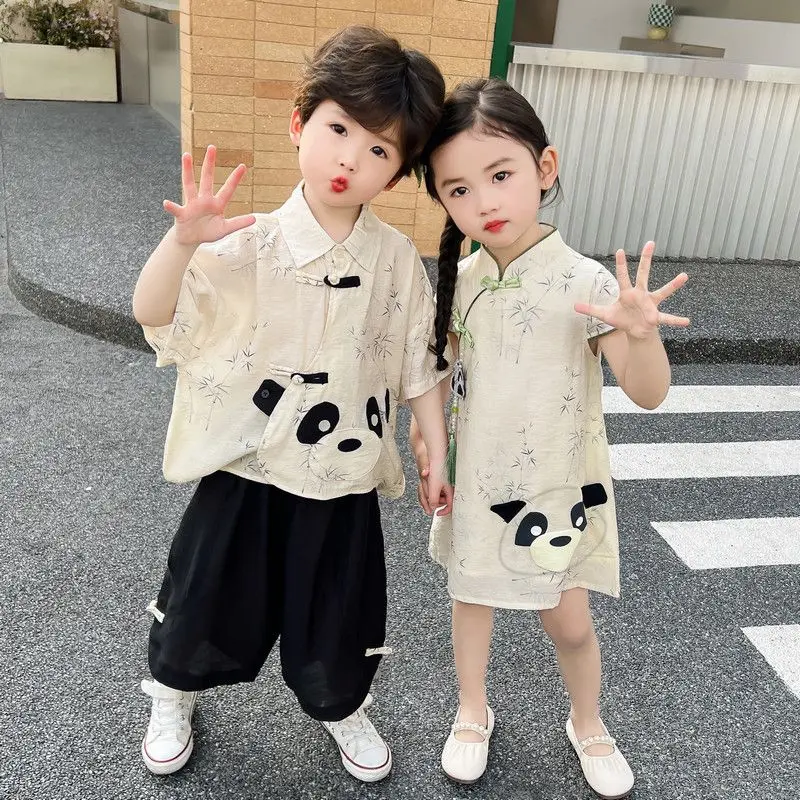 

Hanfu Boys And Girls Tang Costume Summer Sets Chinese Cartoon Panda Style Children's Cheongsam Dress Sweet Casual Clothes