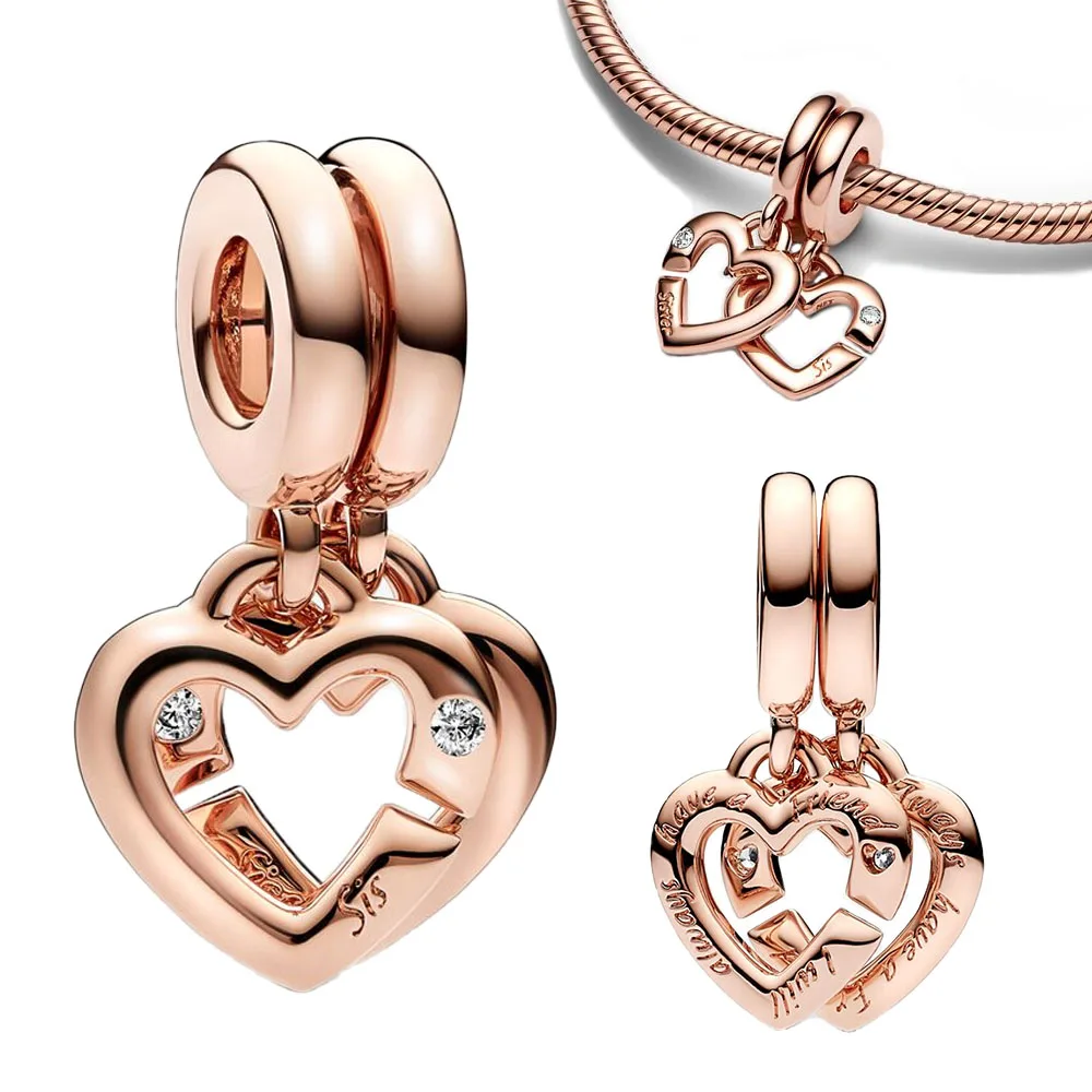 

925 Sterling Silver Linked Sister Hearts Split Dangle Charm Bead Fit Original Bracelet Pendant Beads for Women Fine Jewelry Gift
