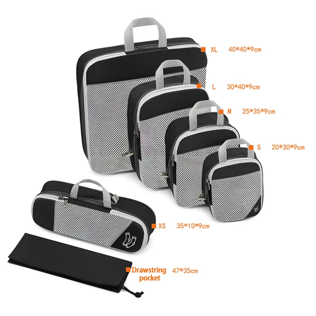 Set 6 Organisateurs Valise Compressibles - Cubes Rangement Voyage étanches Et Respirants - Noir