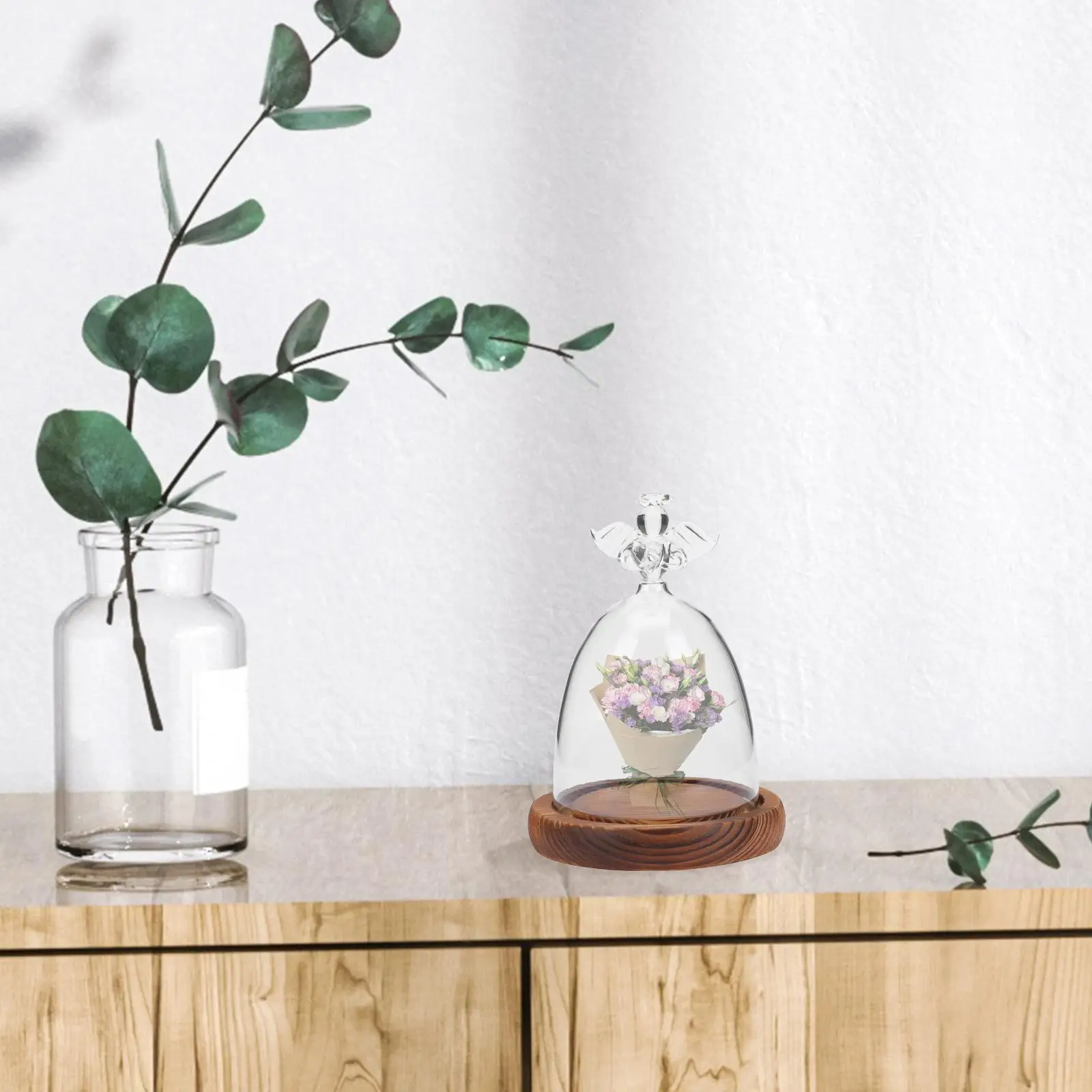 Decorations Angel Glass Cover Dome with Wood Base Display Eternal Flower Vase Cake Bell Jar Decorative Micro Landscape 3