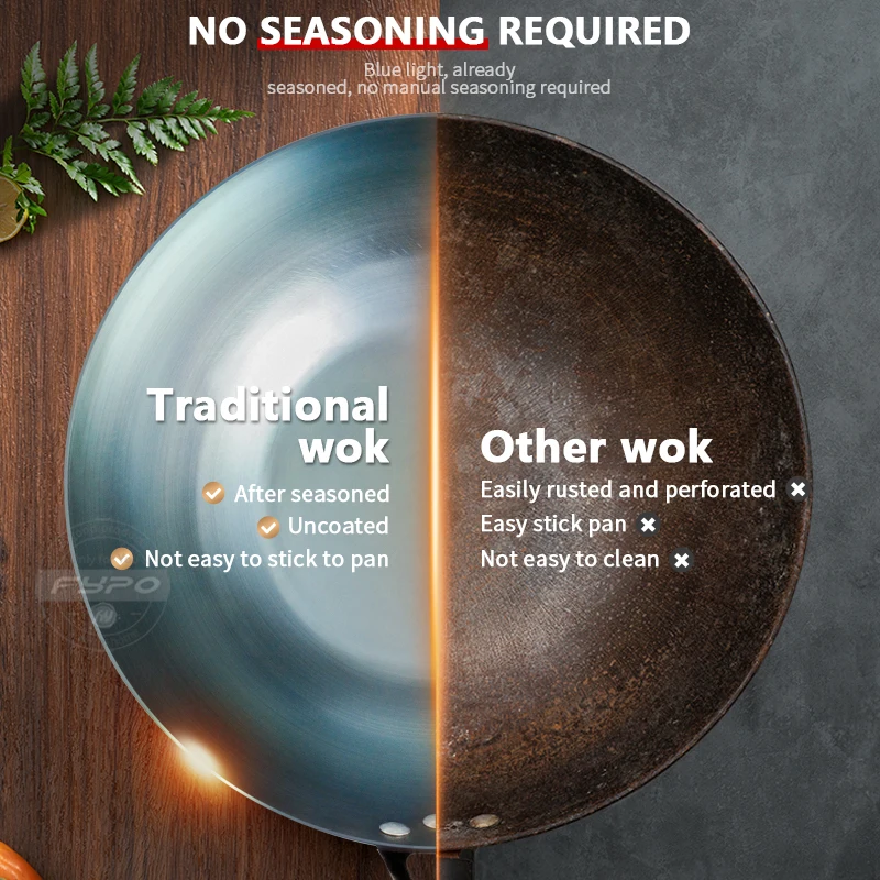 Iron Wok Chinese Seasoned Wok 32/34cm Iron Woks Chef Stir Fry Special Wok Pan Kitchen Cookware For Electric Induction and Gas Stoves