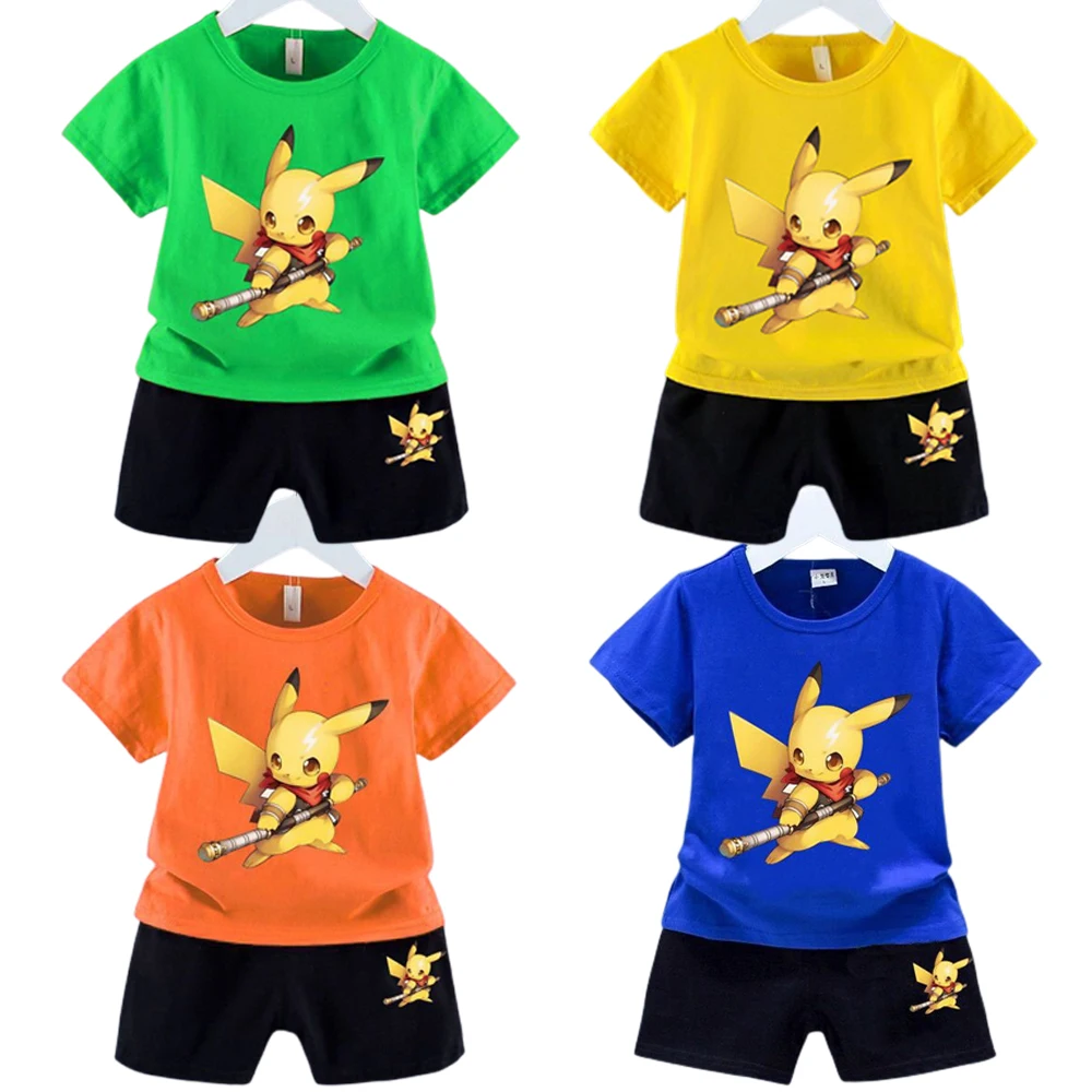 

Summer Kids Clothes Two Piece Set Pokemon Pikachu Trendy Boy T-Shirt Cartoon Short Sleeve Shorts Baby Outfit Children Suit