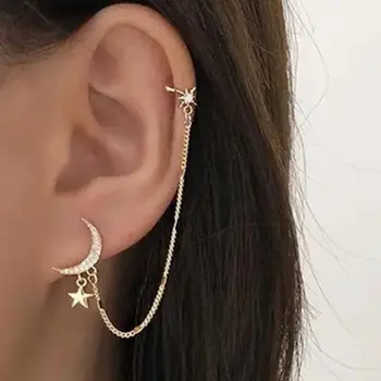 925 Silver Needle Korean Fashion Star Moon Crystal Earrings For Women Jewelry 2025 Trending New Chain Tassel Ear Clip Earrings