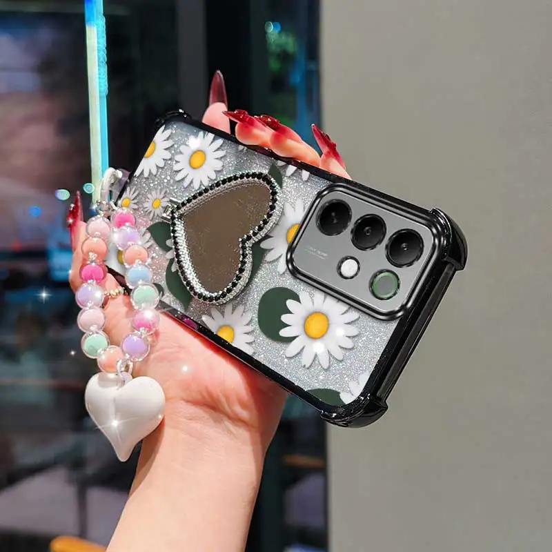 White Daisy Phone Accessory Set: Case, Lanyard, and Circular Stand