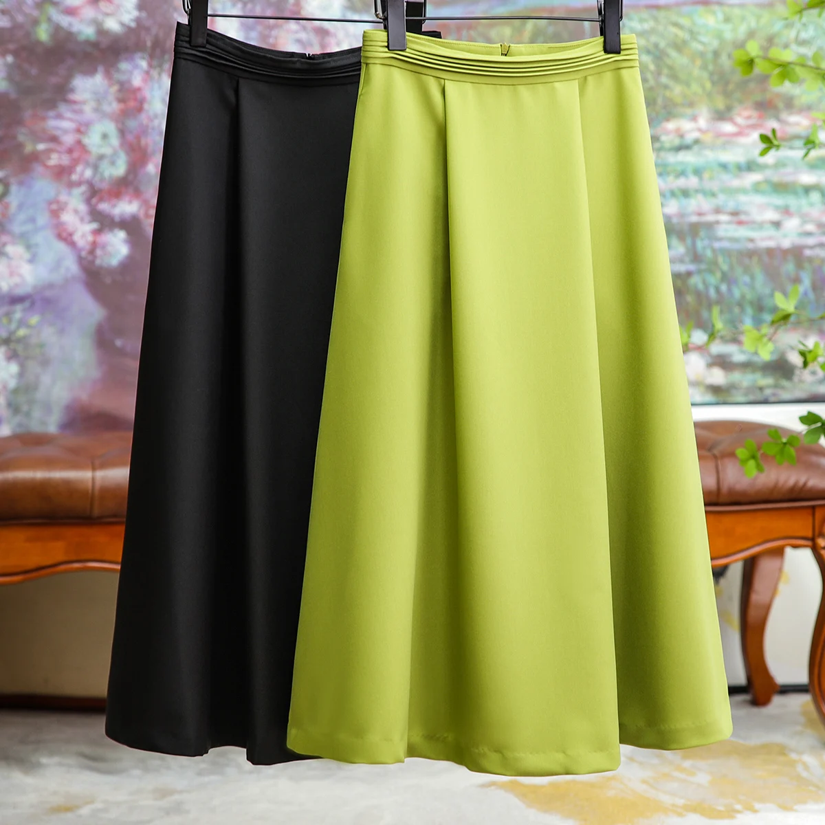 

Summer New 2023 Commuter High-waisted A Line Wide Pleated Mid-length Bustier Skirt Women Temperament Pure Simple Mid-length Jupe