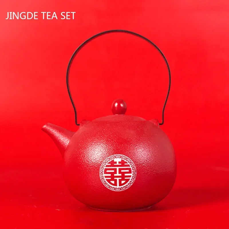 Traditional Chinese Wedding Ceramic Tea Set Exquisite Tea Cup Double Happiness Teapot Household Drinkware Tea Pot and Cup Set