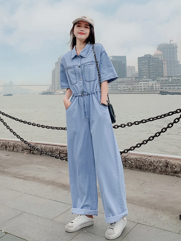 

Vintage Denim Jumpsuit Summer Women Short Sleeve Drawstring Loose Streetwear Wide Leg One Piece Jean Overalls Romper Sets 6215