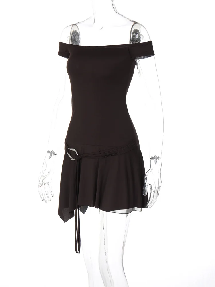 Vestido mini sexy sin mangas con hombros descubiertos y sin tirantes para mujer, con volantes en los bordes, ajustado con cinturón, para fiesta y club.