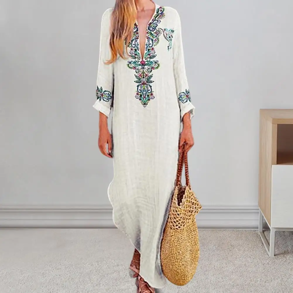

Dress Ethnic Style Floral Print Maxi Dress with V Neck Irregular Hem for Women Beachwear with Long Sleeves Side Split Spring