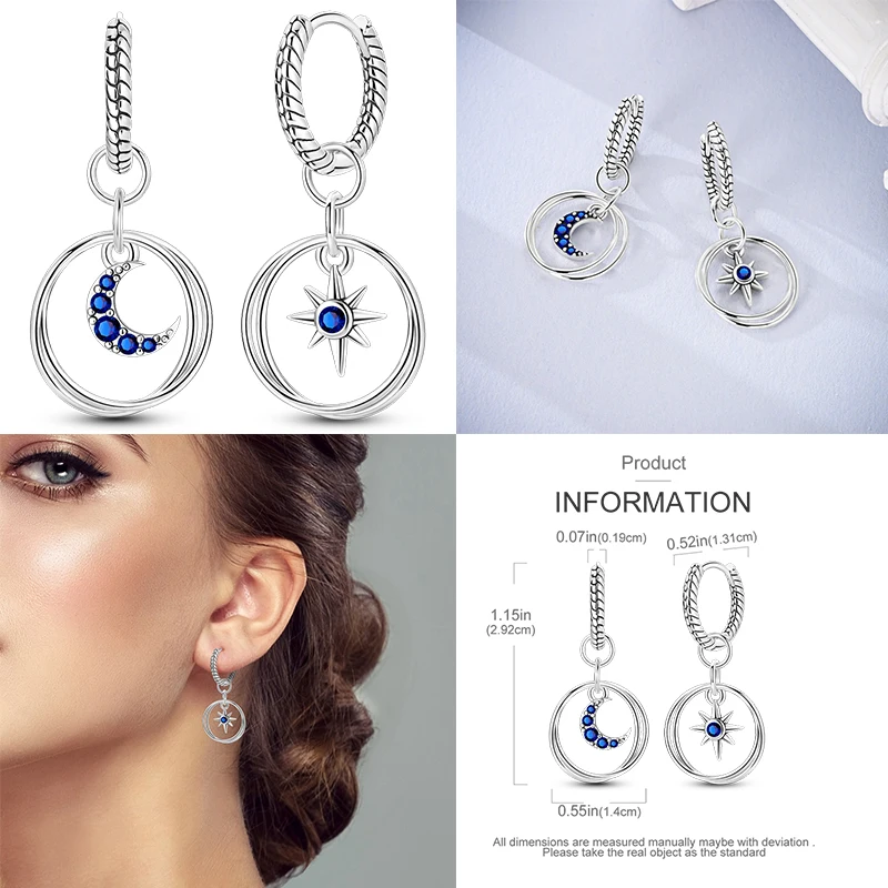 후프 귀걸이  별이 빛나는 달 깃털 블루 반짝 이는 지르콘 상감 드롭 귀걸이 여성 패션 쥬얼리 선물