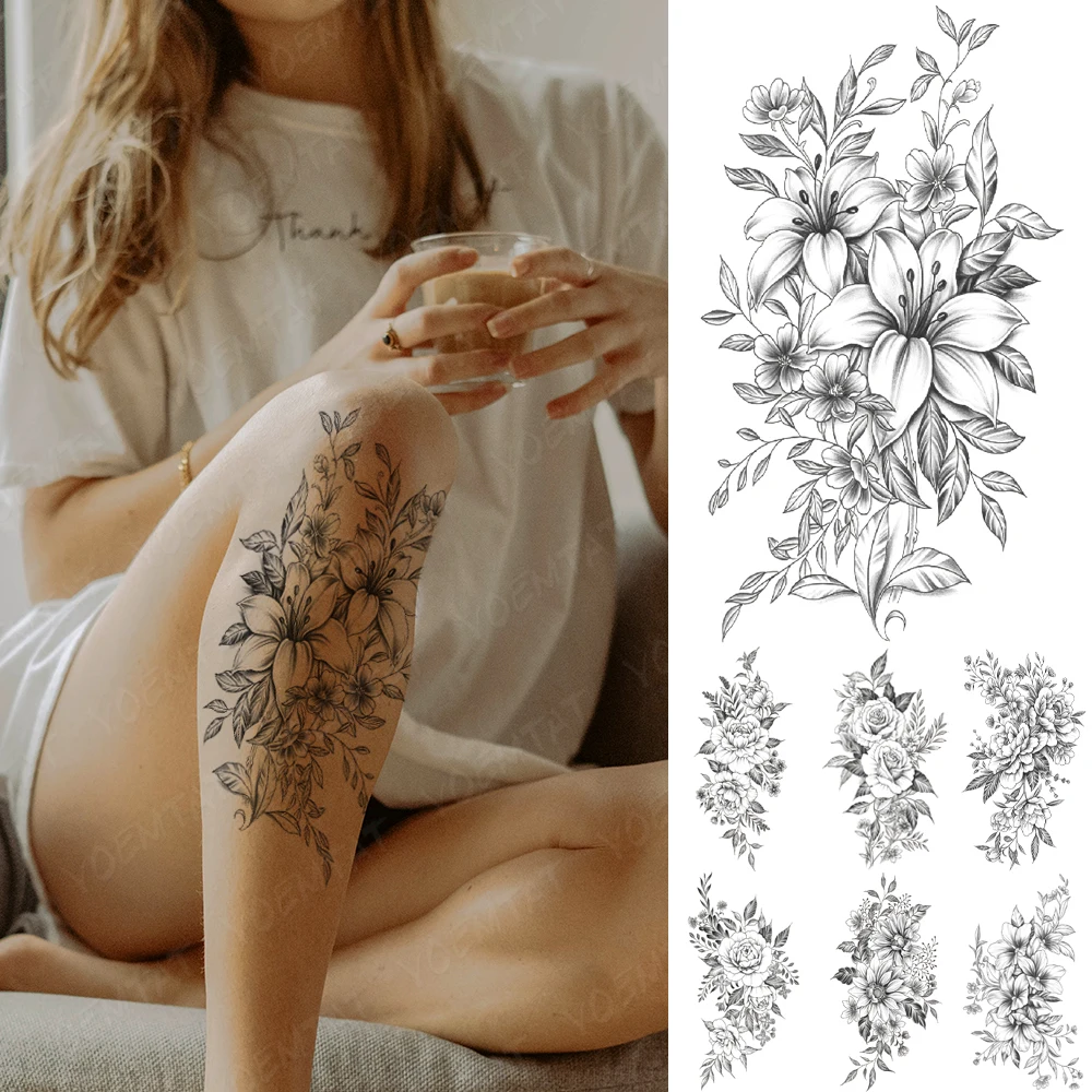 

Waterproof Temporary Tattoo Sticker Line Lily Flower Flash Tatto Henna Mehndi Totem Hand Body Art Arm Fake Tatoo Men Women