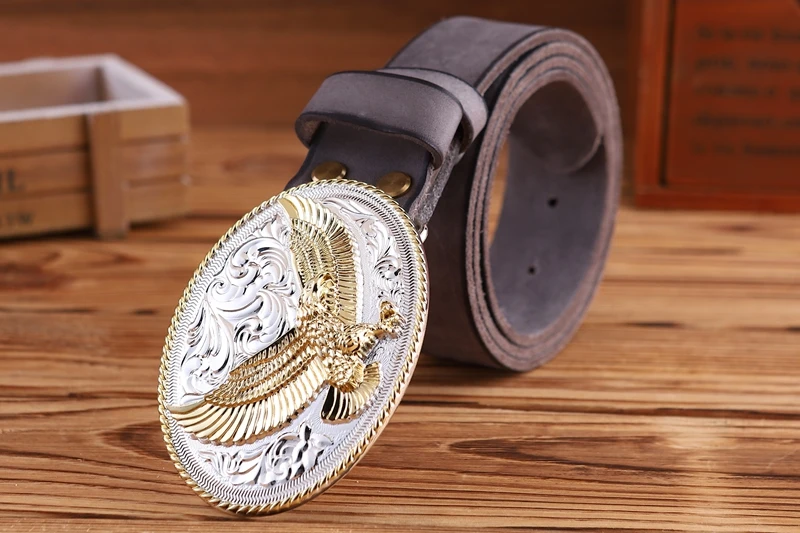 gold eagle big buckle full grain real leather 100% genuine leather hawk mens belts luxury high quality camel brown cowboys women