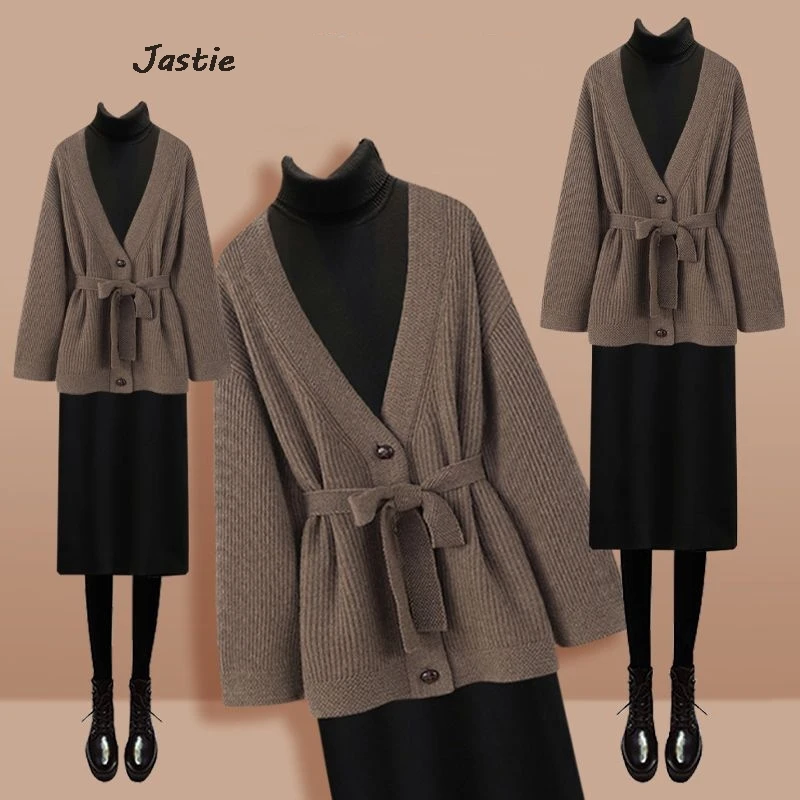 

Lace Up Knitted Cardigan And Solid Midi Dress Women Sets Fashion Casual Turtleneck Long Dress For Set Button Knitting Jacket 2Pc