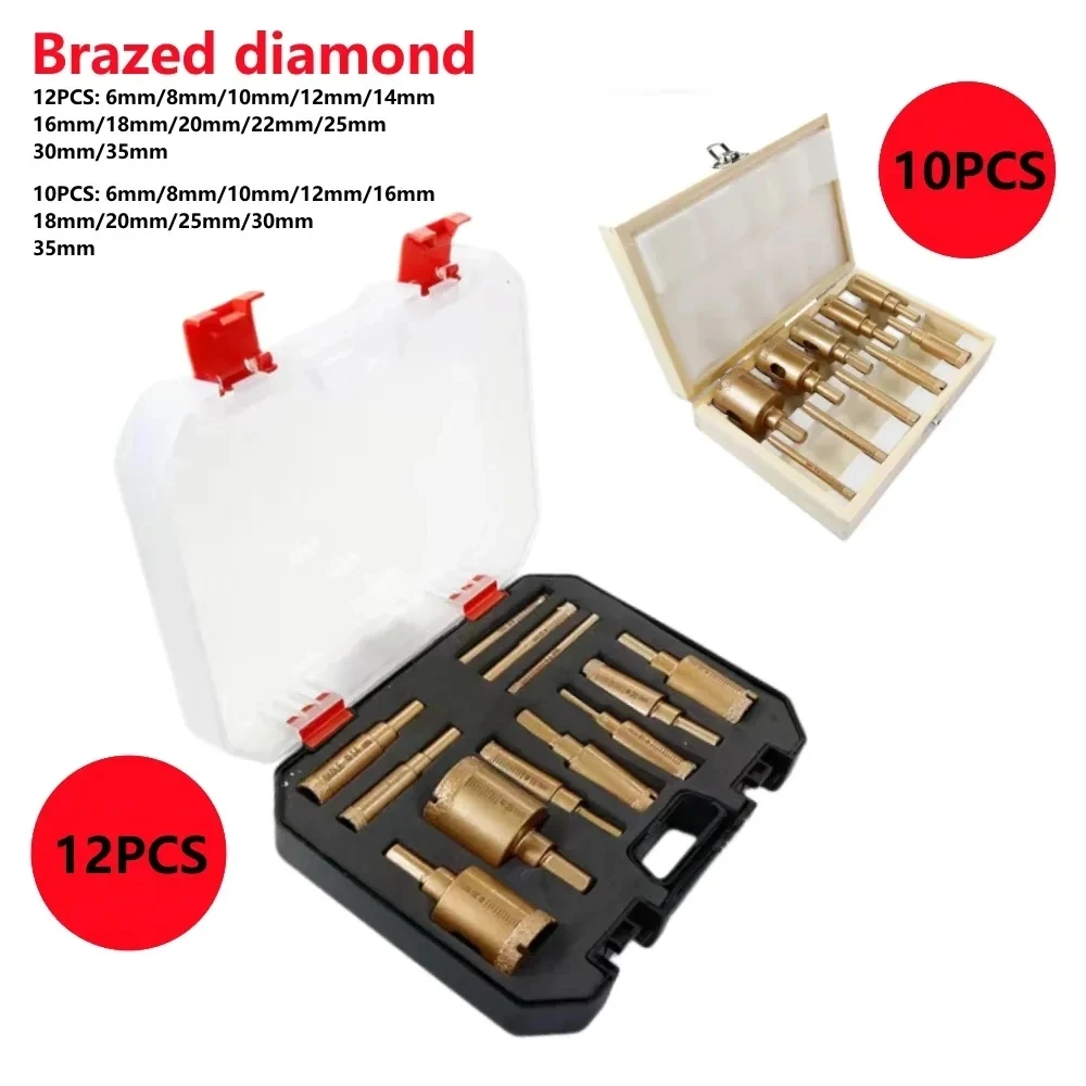 12Pcs 6-35mm Diamond Coated Drill Bits Set Hole Saw Kit Hand Tools for Glass Marble Granite Stone Tile Ceramic (Plastic Box)
