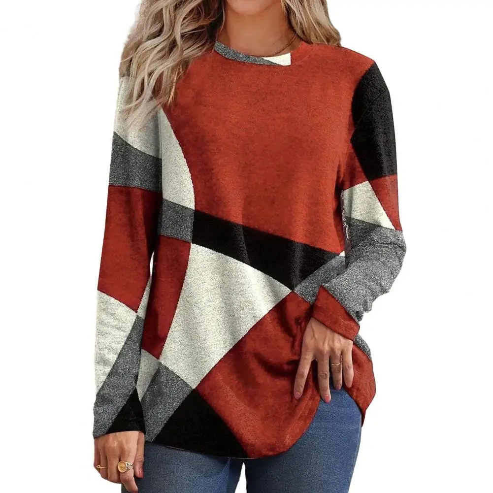 

Blouse Geometric Patchwork Color Tops Stylish O-neck Blouses with Long Sleeves Button Decor Loose Fit Tunic for Women Buttons