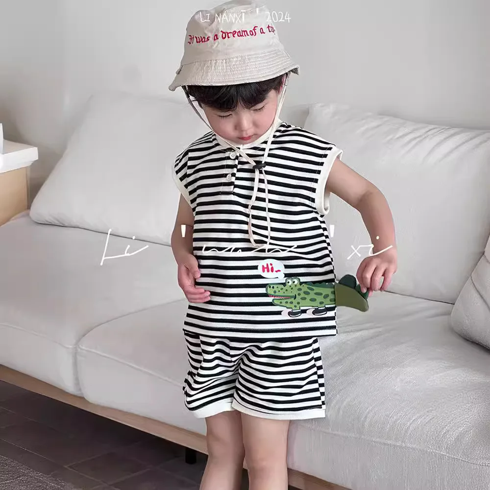 

Children Boys 2PCS Clothes Set Summer Sleeveless Striped Versatile Exquisite Cotton Tops Elastic Waist Shorts Little Boy Outfits
