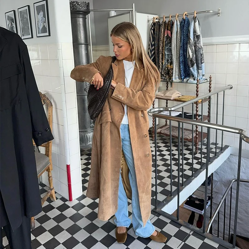 Fashion Lapel Suede Long Jacket Women Elegant Oversized Double-breasted Trench Overcoat Autumn Lady Commute Outerwear New