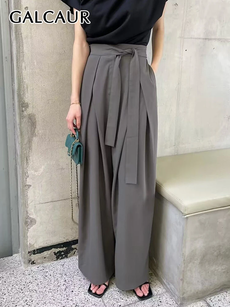 

GALCAUR Minimalist Loose Pants For Women High Waist Spliced Lace Up Korean Casual Folds Straight Trousers Female Spring Clothing