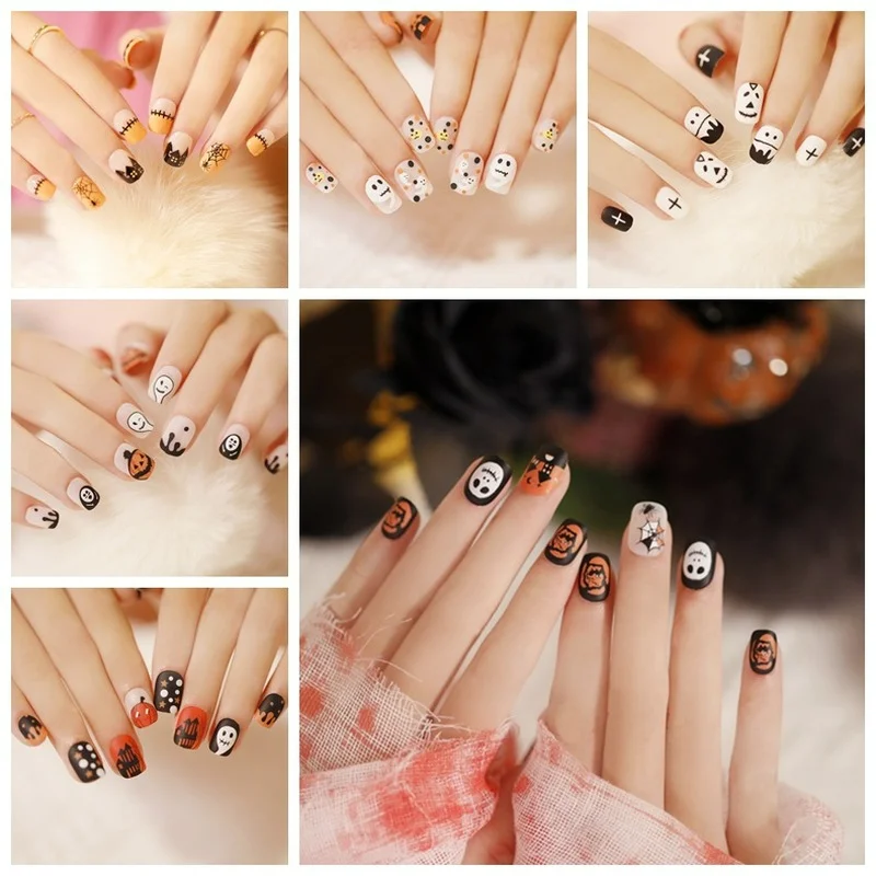 

24pcs Halloween Nails Set Press on Almond Hocus Pumpkin Ghost Fake Nails Acrylic Long Coffin Tips Full Cover False Nail Art