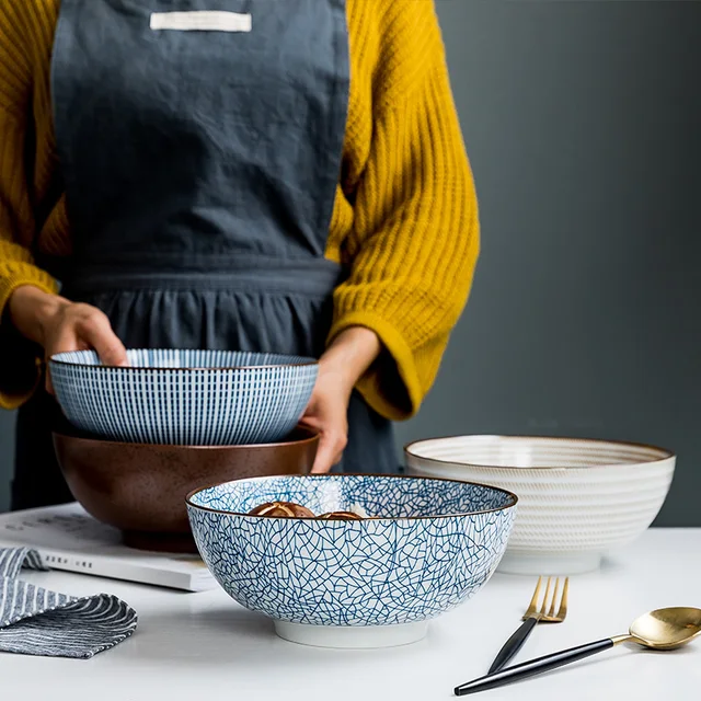 8 Inch Japanese Ramen Bowl Ceramic Noodle Bowl Stripe Design Large Soup Bowl Restaurant Household Retro Tableware 3