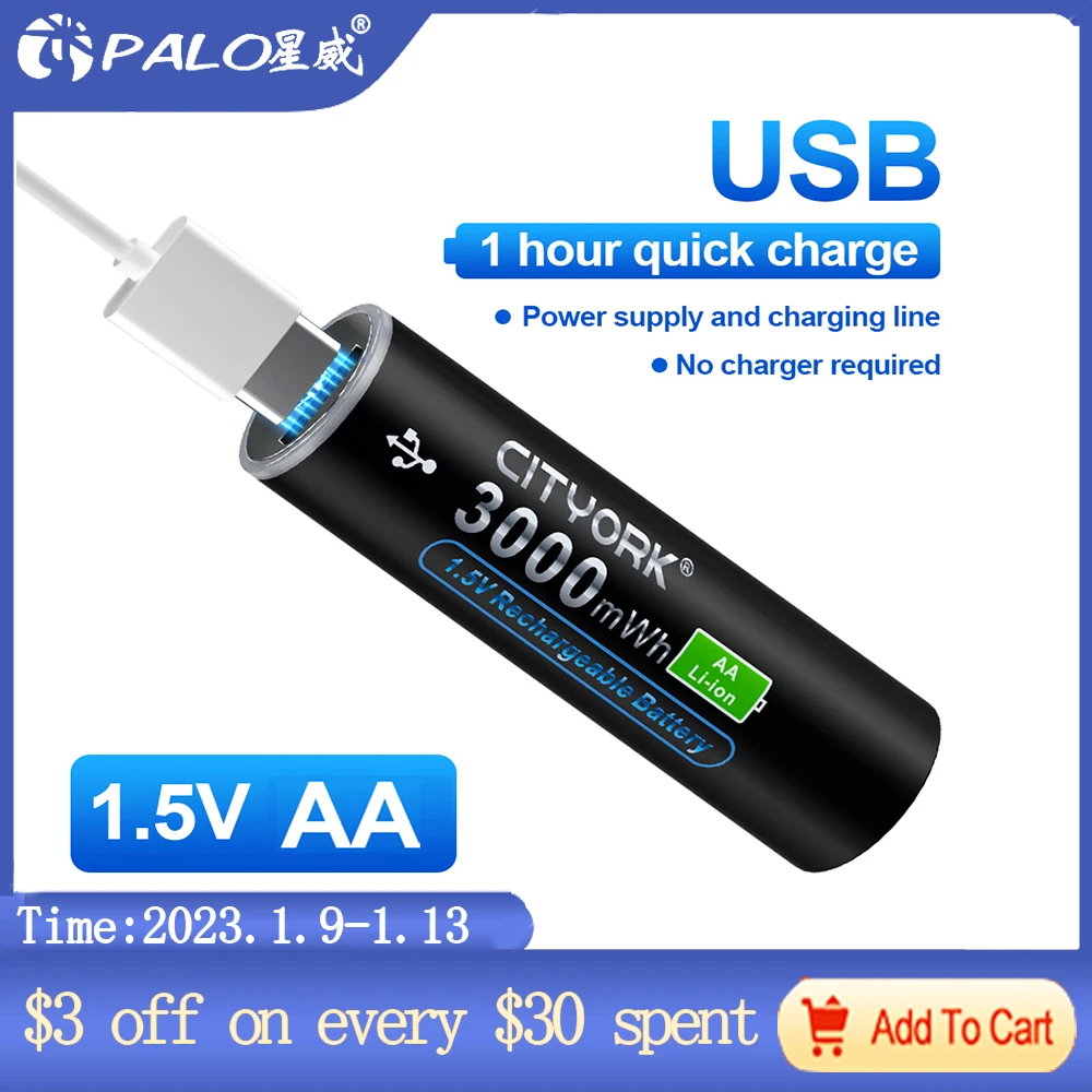 CITYORK 8 x AA oplaadbare lithiumbatterijen met oplader, 1,5 V hoge