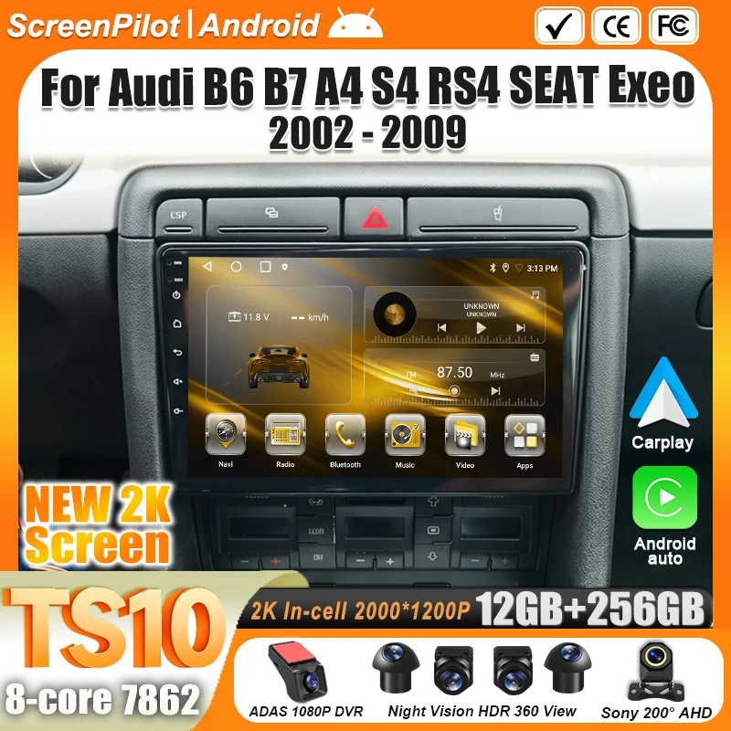 Radio Multimedia Android 16 para Auto, Reproductor de Video, Carplay, Bluetooth, 2 DIN, para Audi B6 B7 A4 S4 RS4 SEAT Exeo 2002-2004 2005-2009 1